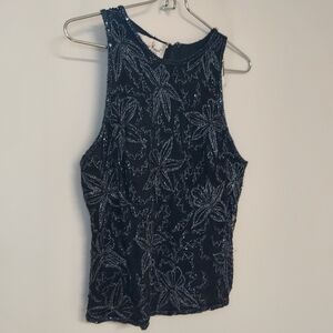 Vintage Laurence Kazar Blouse Womens M Black Silver Beaded Silk Sleeveless Top